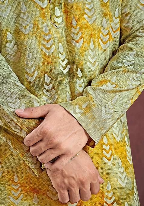 Yellow Printed Woven Viscose Kurta Pyjama Set For Men