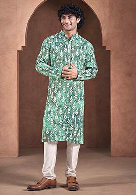 Teal Printed Woven Viscose Kurta Pyjama Set For Men