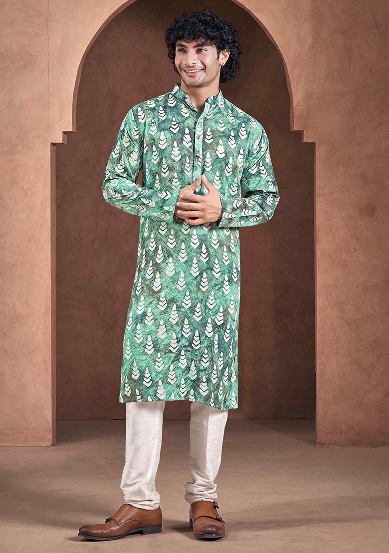 Teal Printed Woven Viscose Kurta Pyjama Set For Men