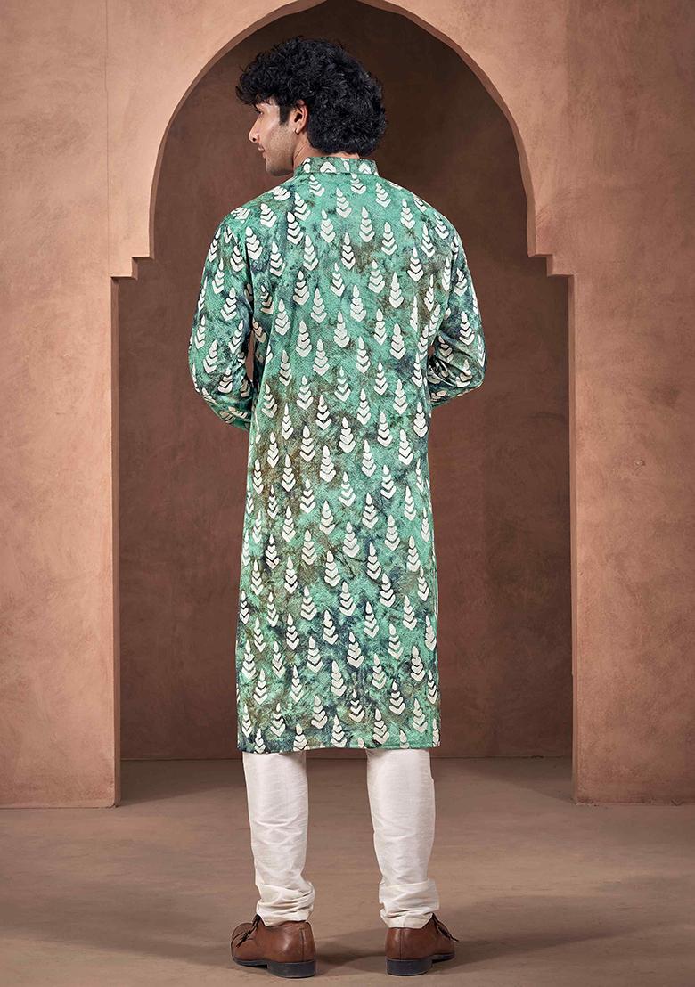 Teal Printed Woven Viscose Kurta Pyjama Set For Men