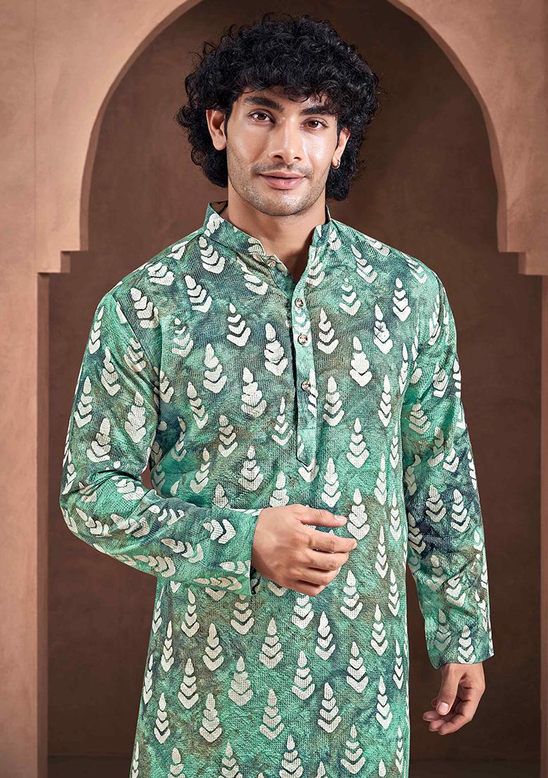 Teal Printed Woven Viscose Kurta Pyjama Set For Men