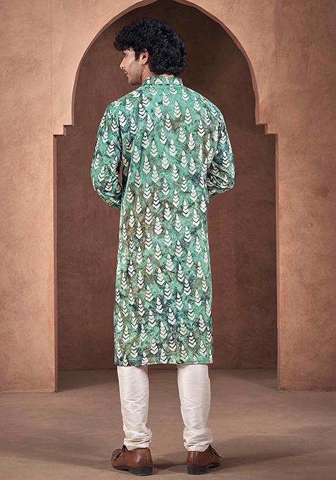 Teal Printed Woven Viscose Kurta Pyjama Set For Men