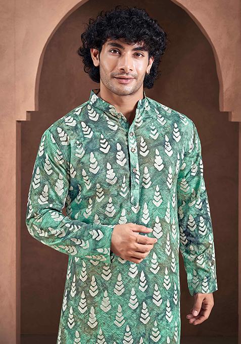 Teal Printed Woven Viscose Kurta Pyjama Set For Men