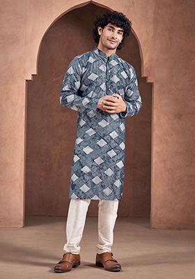 Blue Printed Woven Viscose Kurta Pyjama Set For Men