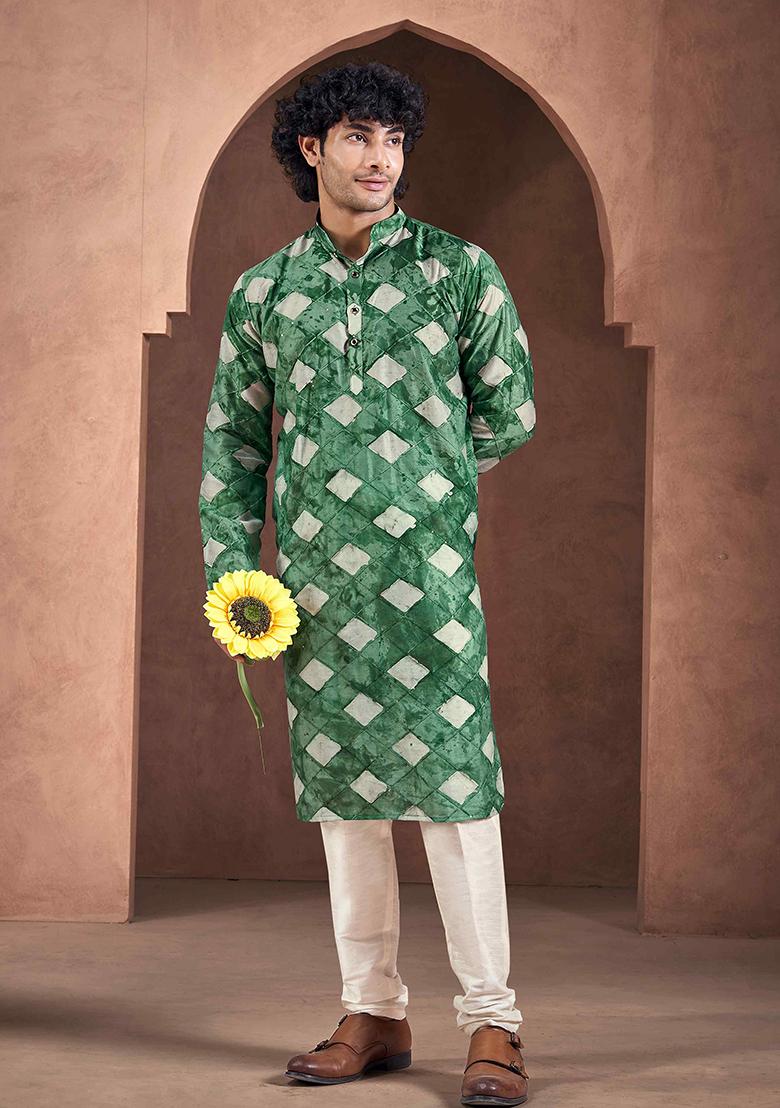 Green Printed Woven Viscose Kurta Pyjama Set For Men