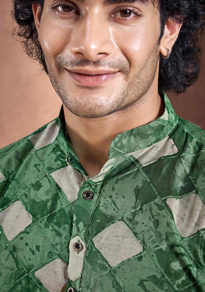 Green Printed Woven Viscose Kurta Pyjama Set For Men