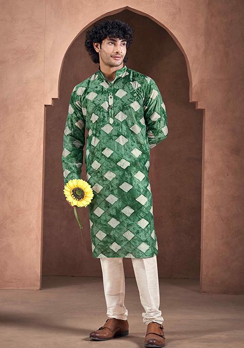 Green Printed Woven Viscose Kurta Pyjama Set For Men