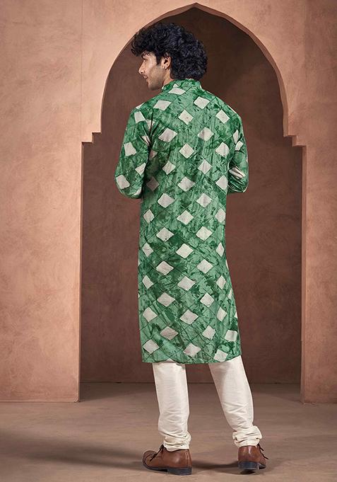 Green Printed Woven Viscose Kurta Pyjama Set For Men
