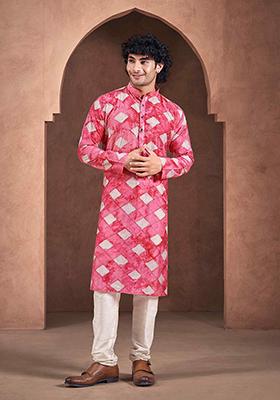 Red Printed Woven Viscose Kurta Pyjama Set For Men