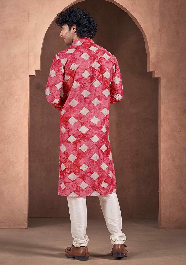 Red Printed Woven Viscose Kurta Pyjama Set For Men