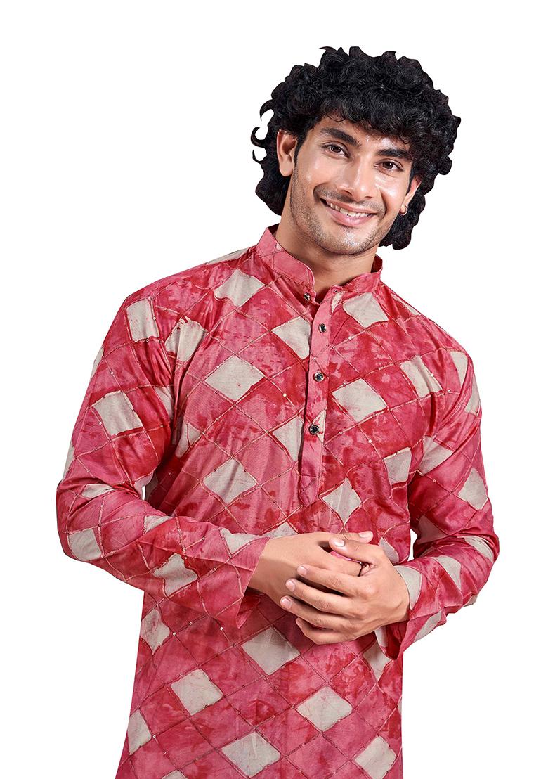 Red Printed Woven Viscose Kurta Pyjama Set For Men