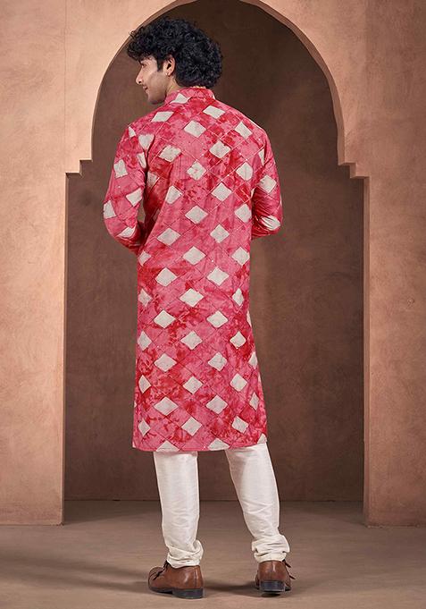 Red Printed Woven Viscose Kurta Pyjama Set For Men
