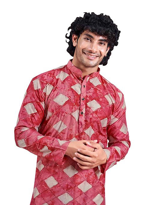 Red Printed Woven Viscose Kurta Pyjama Set For Men