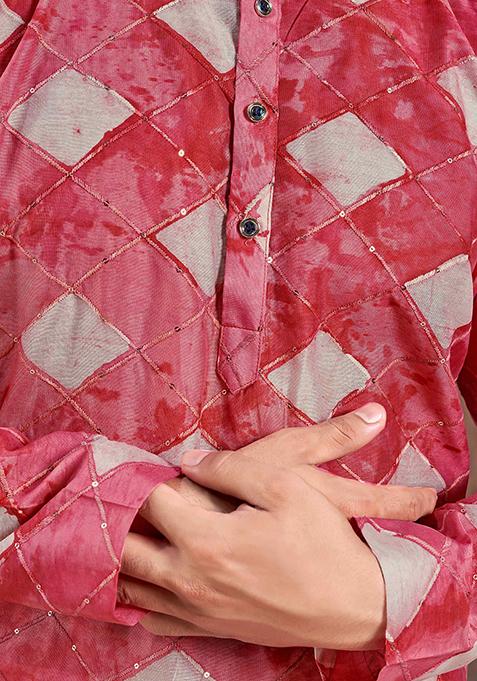 Red Printed Woven Viscose Kurta Pyjama Set For Men