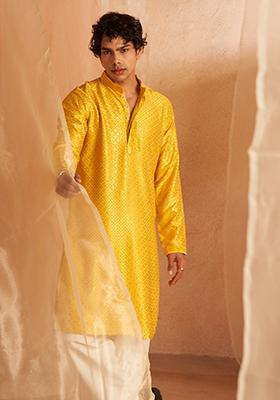 Yellow Chikankari Embroidered Viscose Kurta Pyjama Set For Men
