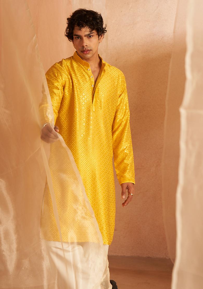Yellow Chikankari Embroidered Viscose Kurta Pyjama Set For Men