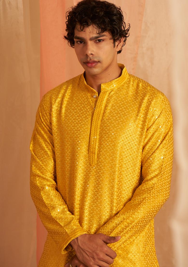 Yellow Chikankari Embroidered Viscose Kurta Pyjama Set For Men