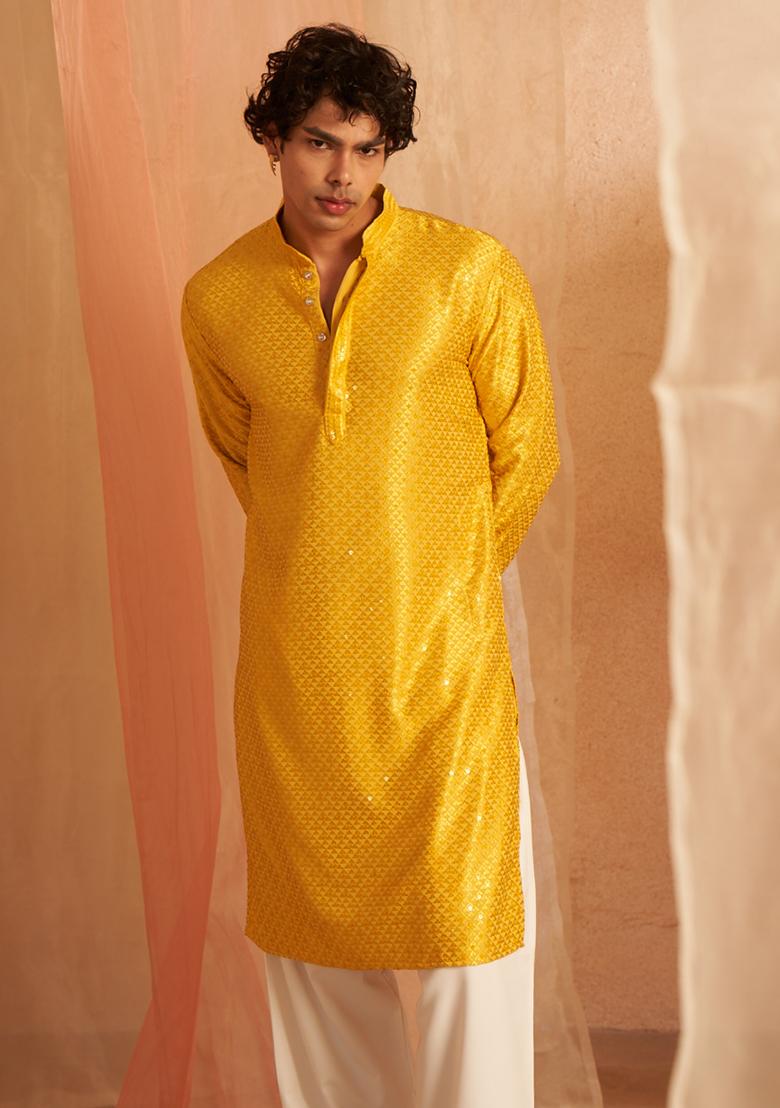 Yellow Chikankari Embroidered Viscose Kurta Pyjama Set For Men
