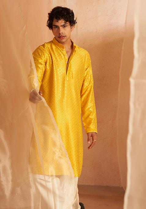 Yellow Chikankari Embroidered Viscose Kurta Pyjama Set For Men