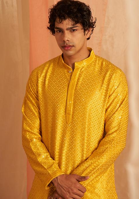 Yellow Chikankari Embroidered Viscose Kurta Pyjama Set For Men