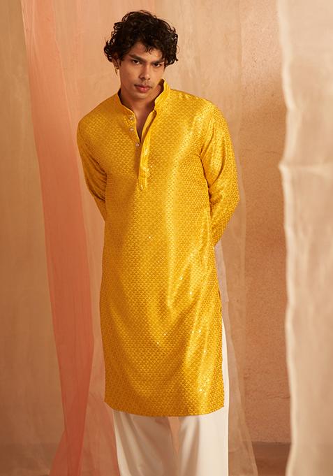 Yellow Chikankari Embroidered Viscose Kurta Pyjama Set For Men
