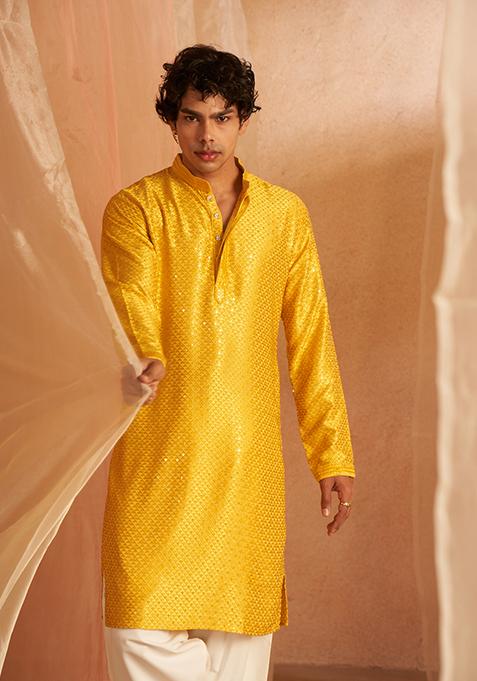 Yellow Chikankari Embroidered Viscose Kurta Pyjama Set For Men