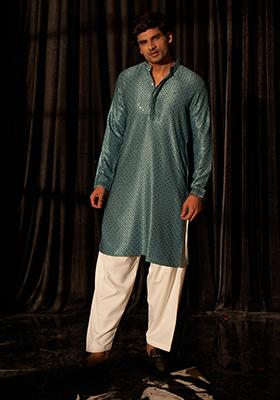 Blue Chikankari Embroidered Viscose Kurta Pyjama Set For Men