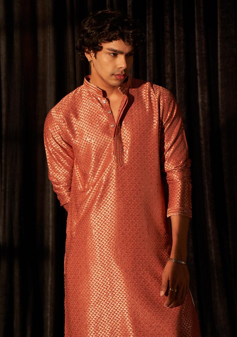 Red Chikankari Embroidered Viscose Kurta Pyjama Set For Men