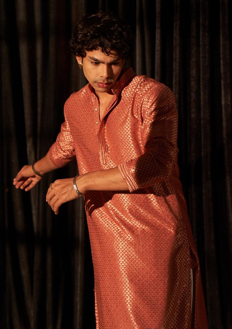 Red Chikankari Embroidered Viscose Kurta Pyjama Set For Men