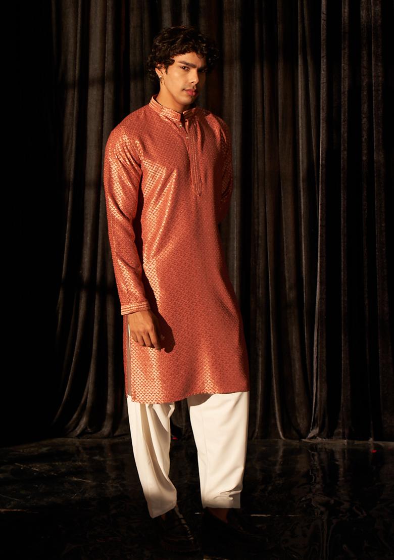 Red Chikankari Embroidered Viscose Kurta Pyjama Set For Men