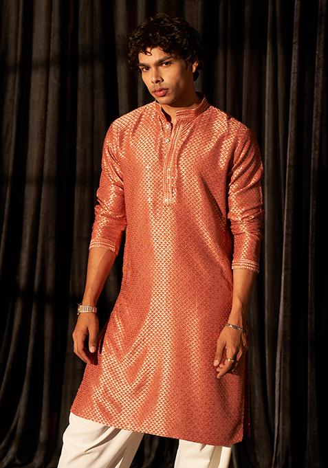Red Chikankari Embroidered Viscose Kurta Pyjama Set For Men