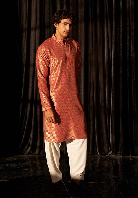 Red Chikankari Embroidered Viscose Kurta Pyjama Set For Men