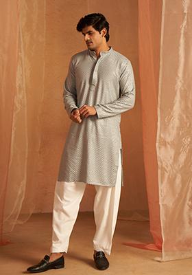 Grey Chikankari Embroidered Viscose Kurta Pyjama Set For Men