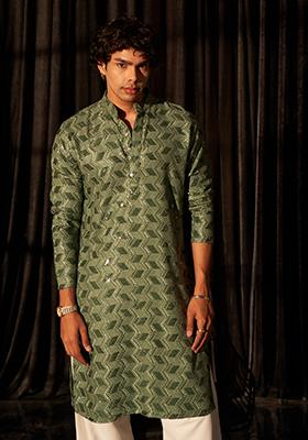 Green Chikankari Embroidered Viscose Kurta Pyjama Set For Men