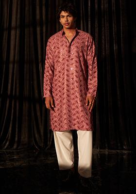 Pink Chikankari Embroidered Viscose Kurta Pyjama Set For Men