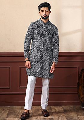 Black Chikankari Embroidered Khadi Silk Kurta Pyjama Set For Men