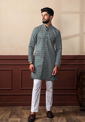 Green Chikankari Embroidered Khadi Silk Kurta Pyjama Set For Men