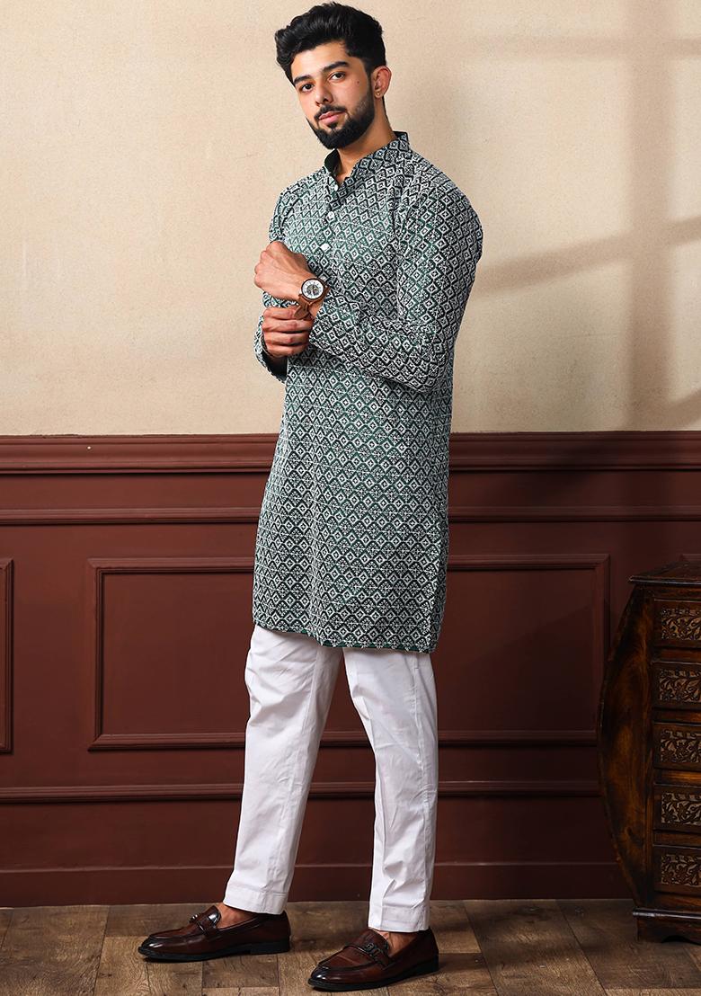 Green Chikankari Embroidered Khadi Silk Kurta Pyjama Set For Men