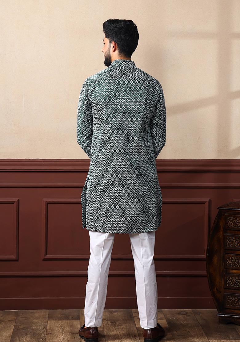 Green Chikankari Embroidered Khadi Silk Kurta Pyjama Set For Men
