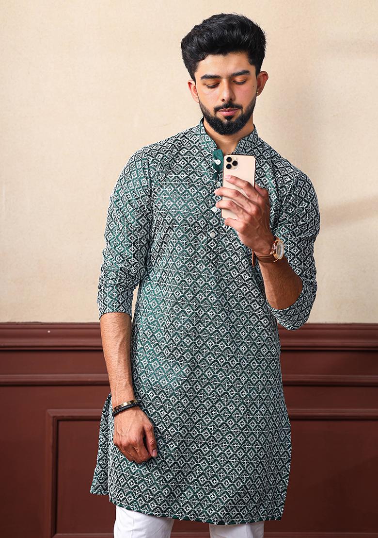 Green Chikankari Embroidered Khadi Silk Kurta Pyjama Set For Men
