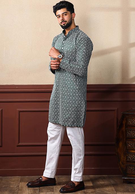Green Chikankari Embroidered Khadi Silk Kurta Pyjama Set For Men