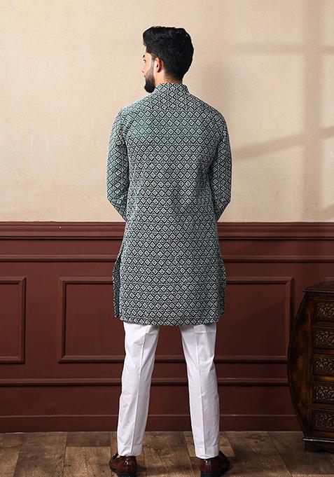 Green Chikankari Embroidered Khadi Silk Kurta Pyjama Set For Men