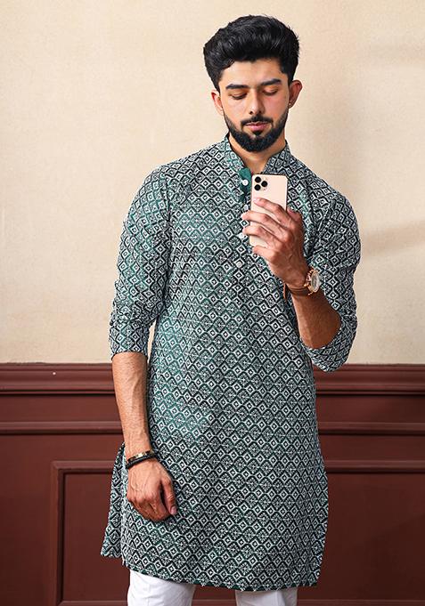 Green Chikankari Embroidered Khadi Silk Kurta Pyjama Set For Men
