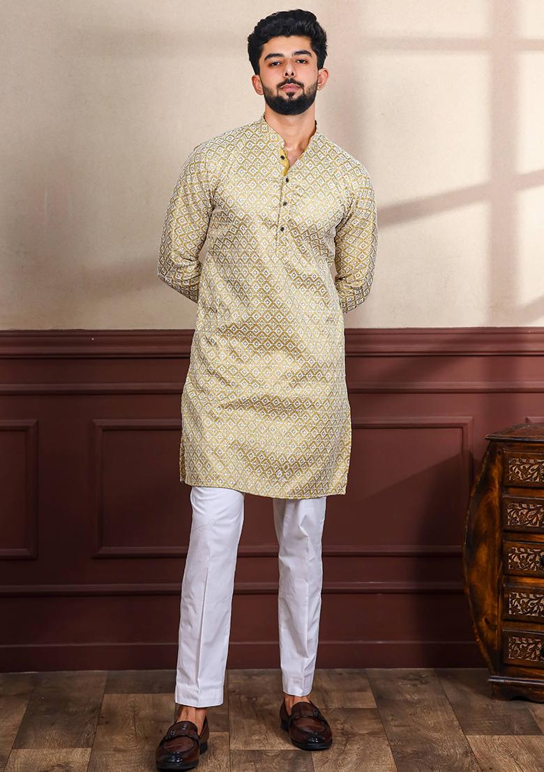 Beige Chikankari Embroidered Khadi Silk Kurta Pyjama Set For Men