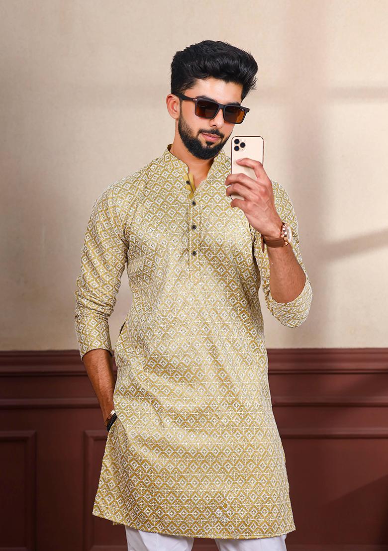 Beige Chikankari Embroidered Khadi Silk Kurta Pyjama Set For Men