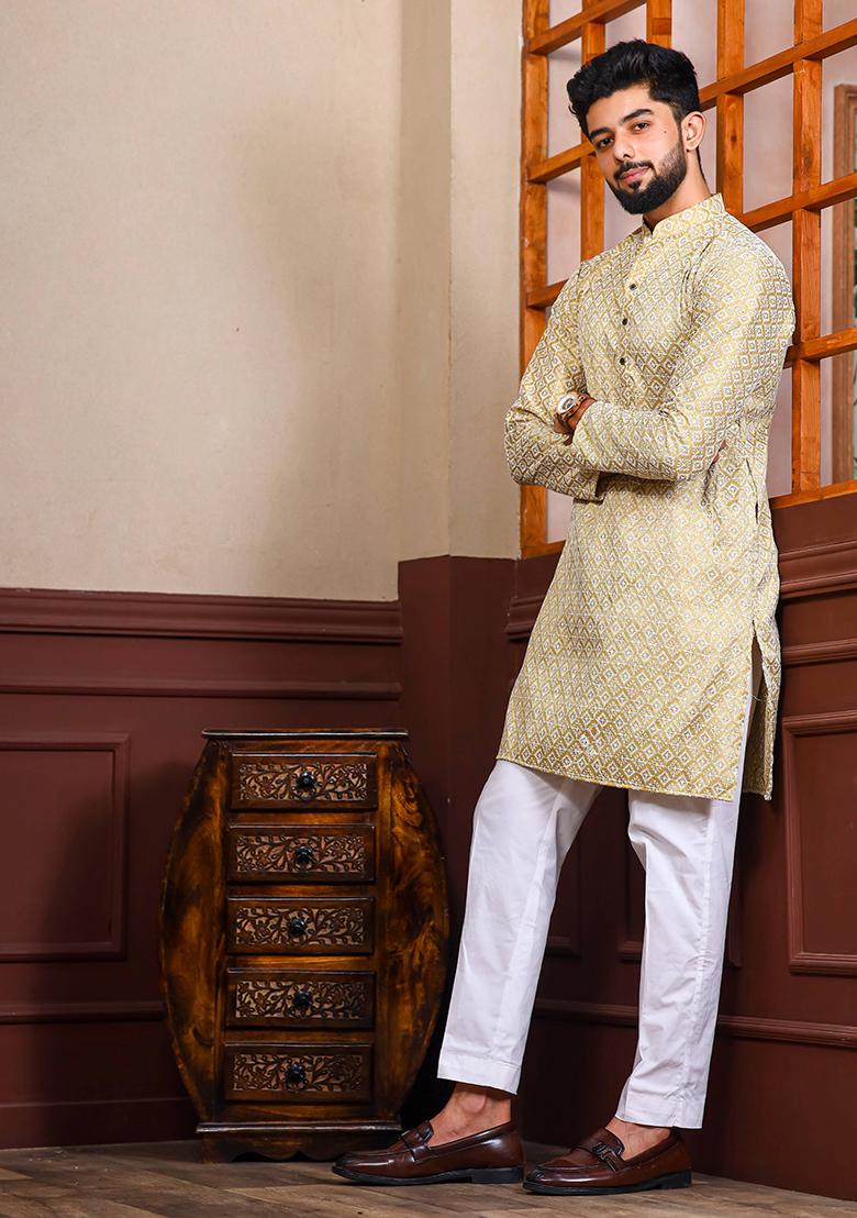 Beige Chikankari Embroidered Khadi Silk Kurta Pyjama Set For Men