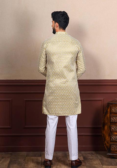 Beige Chikankari Embroidered Khadi Silk Kurta Pyjama Set For Men