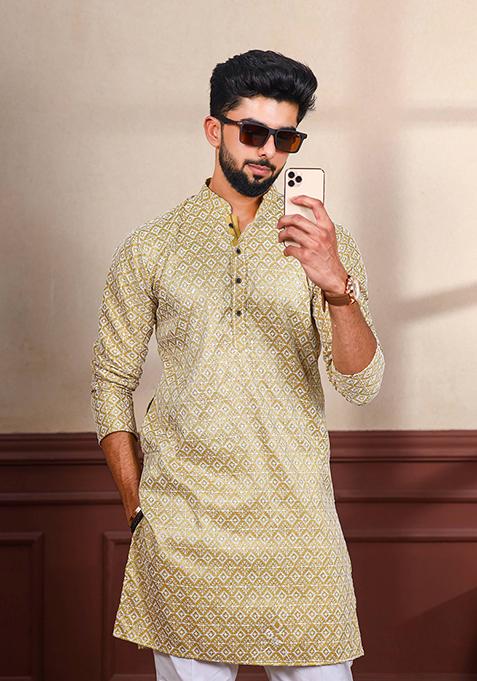 Beige Chikankari Embroidered Khadi Silk Kurta Pyjama Set For Men