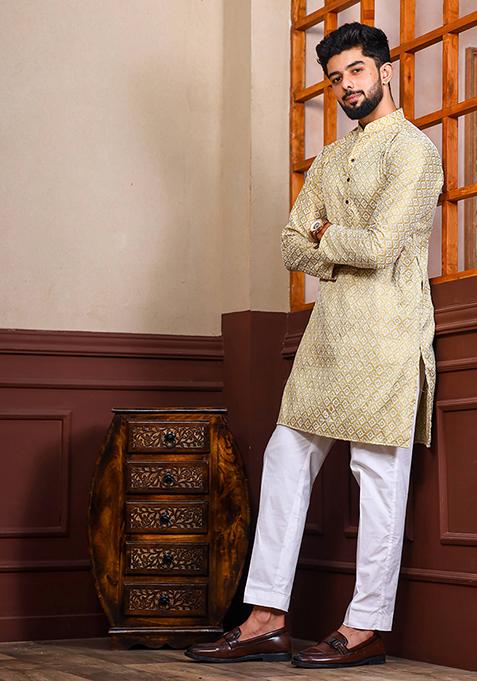 Beige Chikankari Embroidered Khadi Silk Kurta Pyjama Set For Men