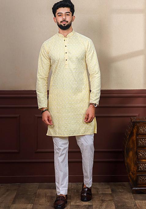 Lemon Yellow Chikankari Embroidered Khadi Silk Kurta Pyjama Set For Men